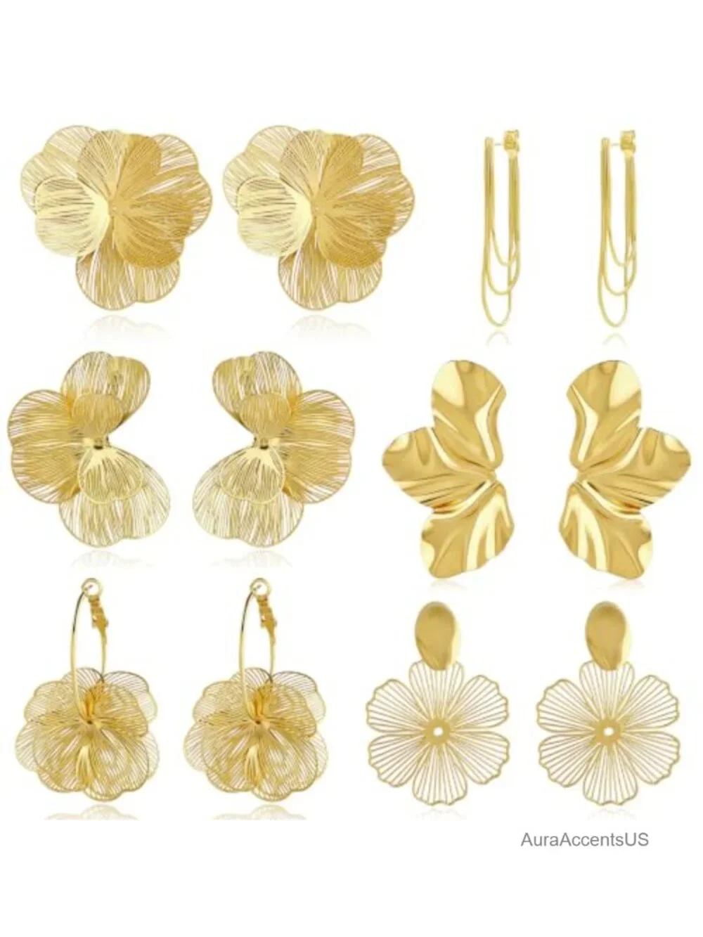 6 Pairs Gold Flower Statement Earrings Women Chunky Dangle Drop Jewelry Boho
